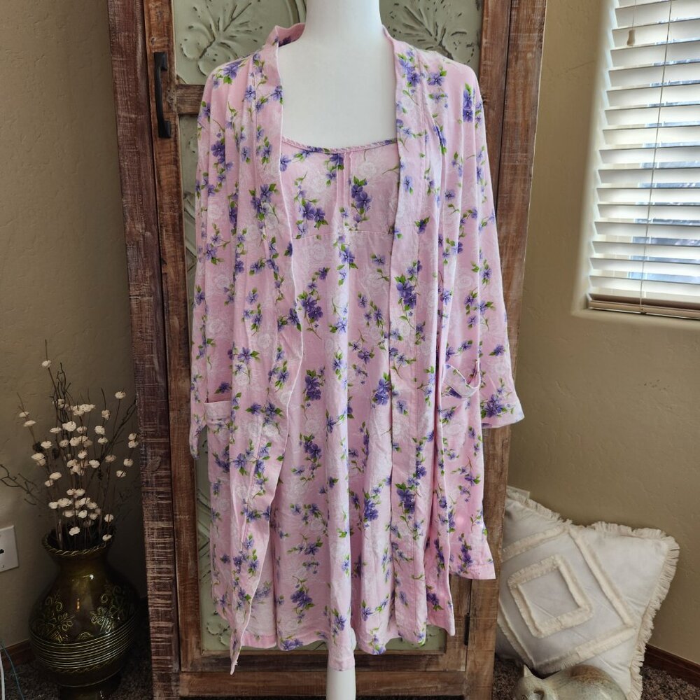 Vintage Pink K Cotton Nightgown with Matching Robe | Large